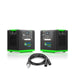 Two black and green Nature's Generator portable power stations with LiFePO4 batteries, multiple outlets, and display panels are side by side, with a three-connector power cable placed in front of them on a white background.