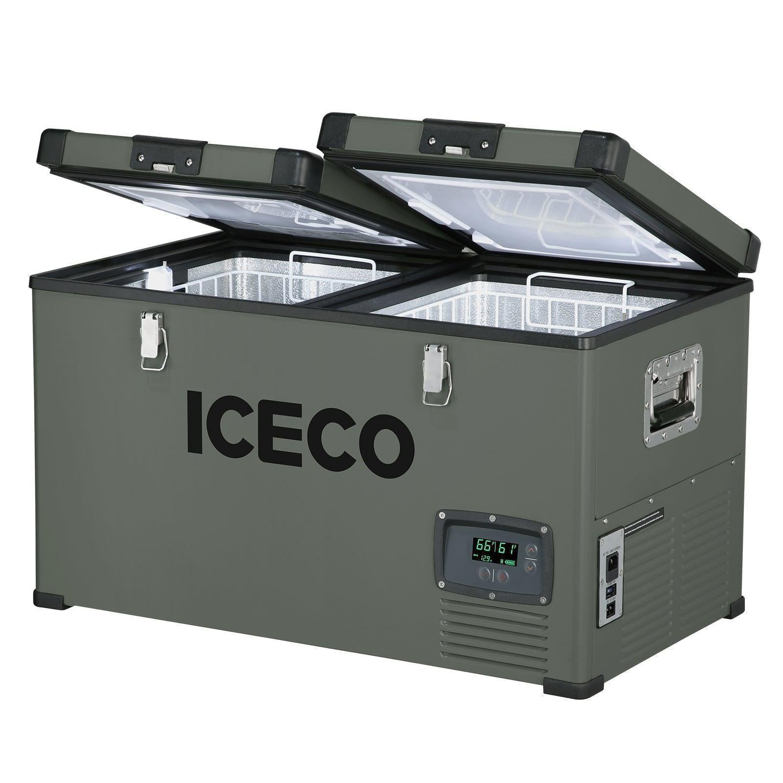 The ICECO Wholesale cooler, equipped with a SECOP compressor, is a dual-zone portable fridge boasting open compartments that reveal a white interior. It features latches and an electronic display panel indicating 65.6°F, making this 12V refrigerator perfect for keeping your items cool during your adventures.