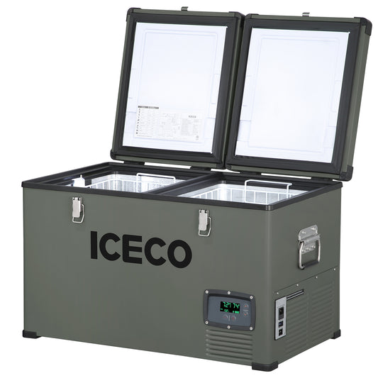 A green and black portable fridge freezer from ICECO Wholesale offers dual zone functionality with two open compartments. It includes a side-mounted control panel with a digital display and is powered by a reliable Secop compressor, ensuring exceptional cooling performance.