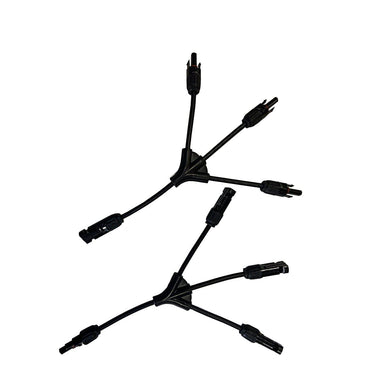 Two black Y-shaped 3-way solar connectors by Nature's Generator are shown on a white background, each with two male and one female plug on short cables—ideal for use with Nature's Generator Elite systems.