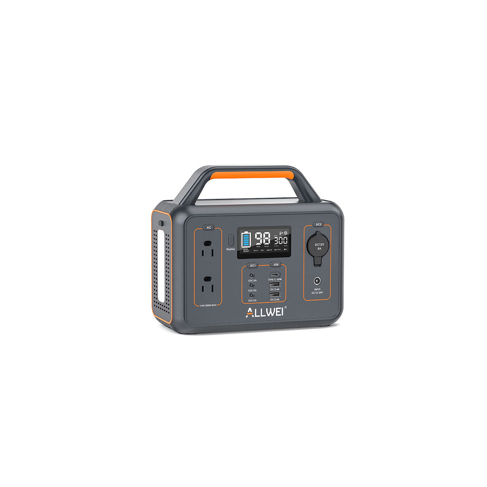 The ALLWEI US portable lithium generator features a handle, digital display, two AC outlets, USB ports, a 12V car socket, and comes in a compact gray design with orange accents—ideal as a backup battery.
