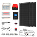 Image of the ACOPOWER solar power system kit, which includes three solar panels, an inverter, a charge controller, a deep cycle battery, various connectors and cables, installation hardware, and a diagram illustrating an off-grid power setup for an RV.