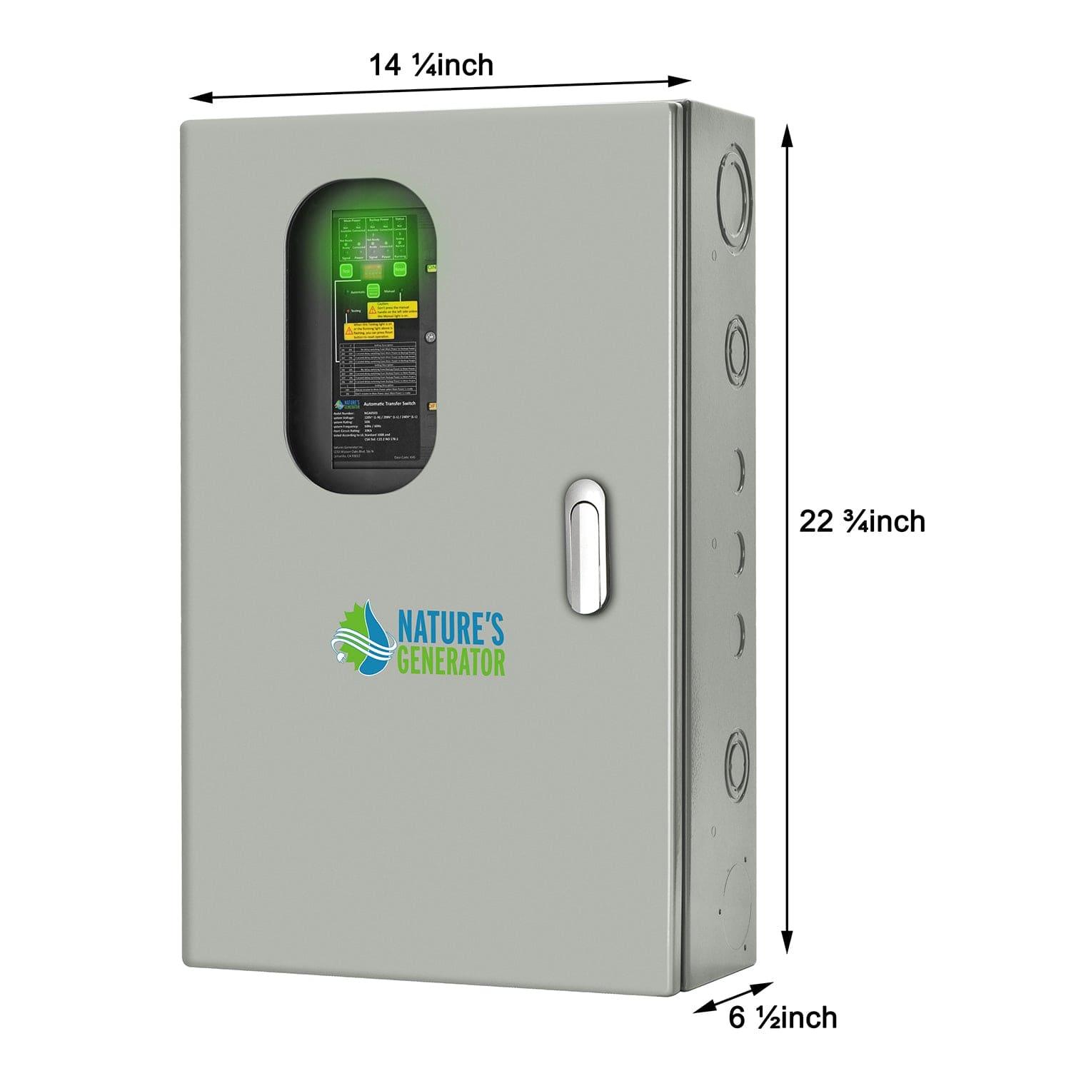 A rectangular gray Nature’s Generator electrical box with a transparent window showcases a circuit breaker panel, perfect for home generator setups. Dimensions: 14 ¼" W x 22 ¾" H x 6 ½" D.