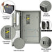 Open Nature's Generator electrical panel shown with labels and close-up insets detailing features: emergency override, sturdy enclosure, central load management console, inlet knockouts, quick-release latches, and 8- or 16-circuit breaker options.