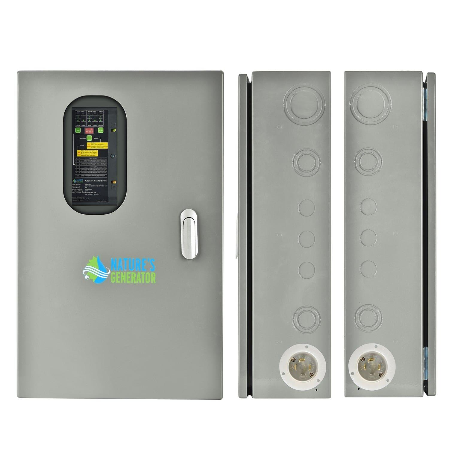 A gray electrical panel labeled "Nature's Generator" features a handle, small display on the door, circular knockouts, power outlets, and load management options, shown from front and side views. Brand Name: Nature's Generator.