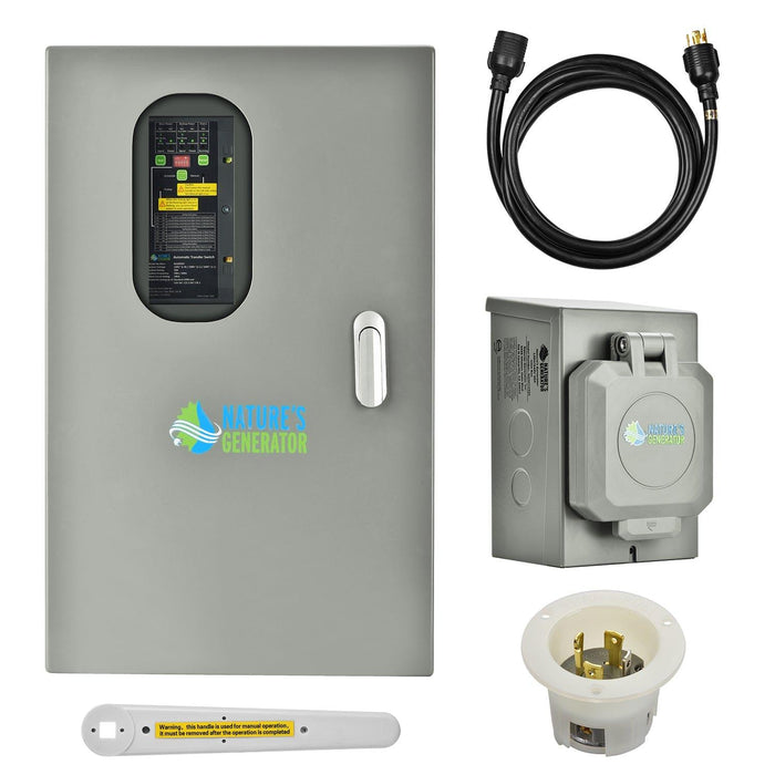 The Nature's Generator transfer switch kit for home backup generators includes a gray control panel, power cable, outdoor power inlet box, white power inlet outlet, and yellow fuse—all with the Nature's Generator logo.