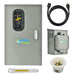 The Nature's Generator transfer switch kit for home backup generators includes a gray control panel, power cable, outdoor power inlet box, white power inlet outlet, and yellow fuse—all with the Nature's Generator logo.