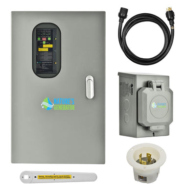 A Nature's Generator transfer switch kit is displayed on a white background, featuring a gray switch panel, power inlet box, outlet, black extension cord, and white test stick.