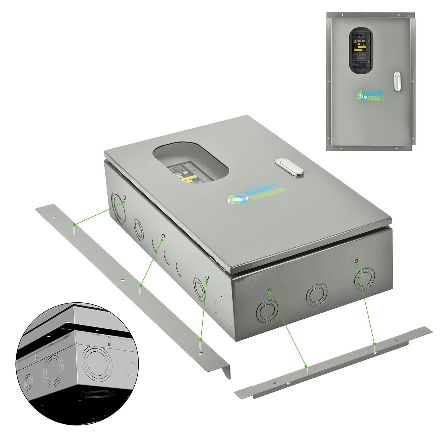 A rectangular metal electrical box with a hinged lid, circular knockouts, transparent window displaying a breaker for load management. Features the "Nature's Generator" logo, mounting brackets, and detailed close-up of the side.