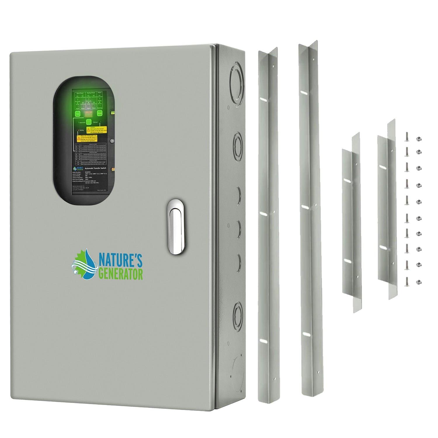 A gray Nature's Generator electrical panel with a small window for viewing internal components is designed for load management. It includes four metal mounting brackets and a set of screws and hardware on the right.