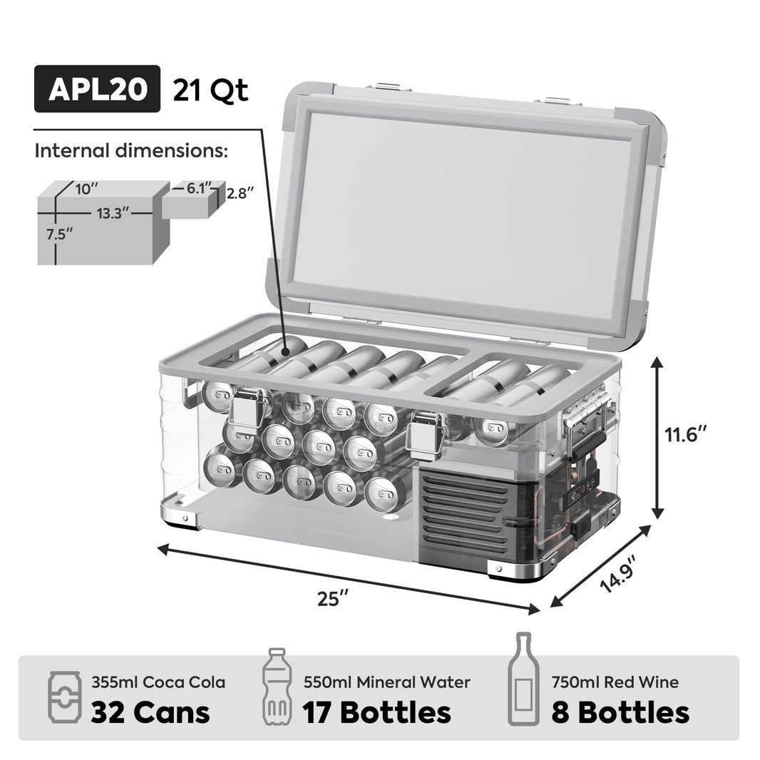 Introducing the ICECO Wholesale transparent cooler model APL20, perfect for portable cooling. It holds 32 soda cans, 17 mineral water bottles, or 8 wine bottles, measuring 25" x 14.9" x 11.6", with a depth of 7.5" and a lid thickness of 2.8", ideal for on-the-go adventures.