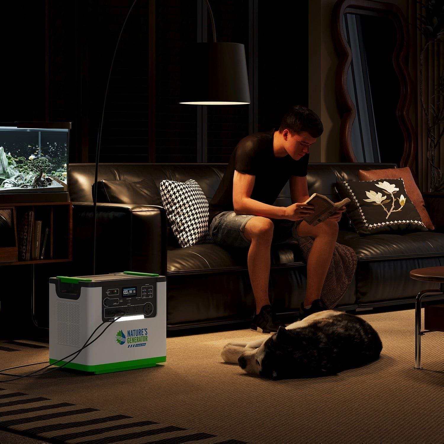 A person sits on a dark sofa reading, with their black and white dog nearby. The Nature's Generator solar generator rests on the rug, quietly powering the dimly lit, cozy room for a relaxing evening.