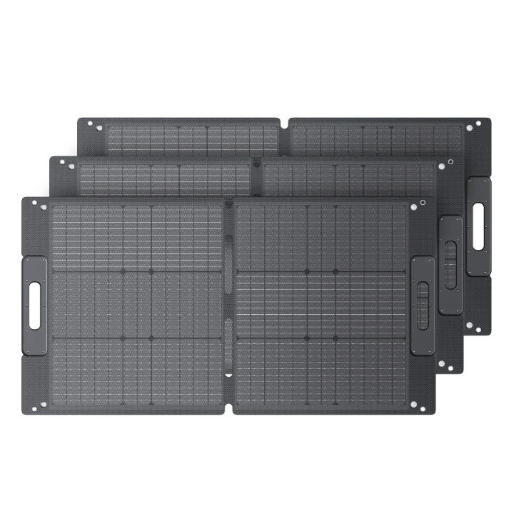 Three rectangular, dark-colored solar panels with grid patterns are stacked slightly offset against a plain white background. Each portable solar panel features efficient monocrystalline solar cells and has a handle cutout on the right side, making them ideal for off-grid power solutions.
