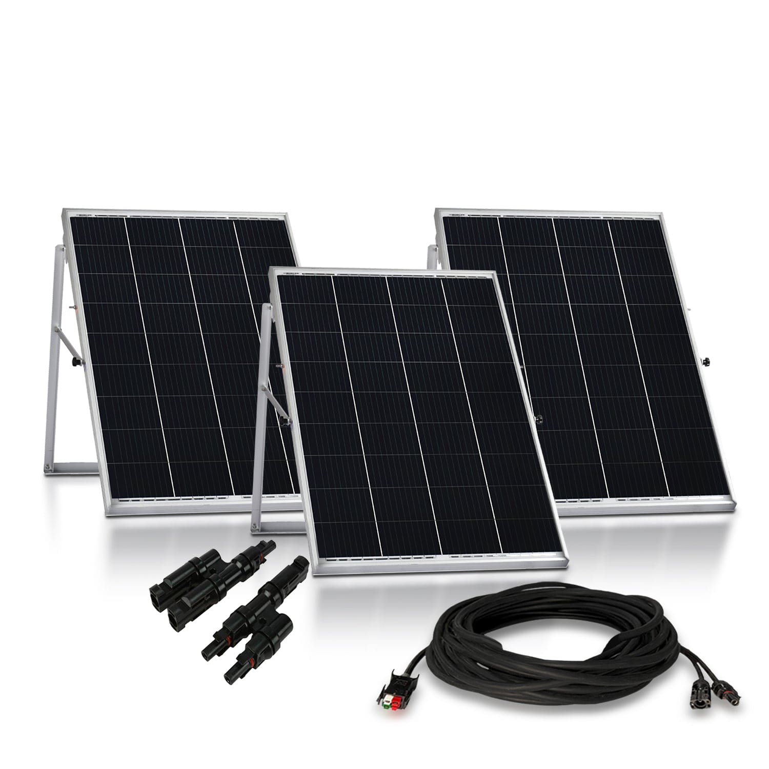 Three rectangular 100 Watt monocrystalline solar panels with stands from Nature's Generator are shown with four electrical connectors and a coiled black cable, highlighting the key components of the Nature's Generator Power Panel solar kit.