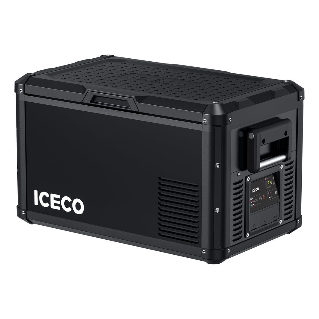 A black portable refrigerator from ICECO Wholesale features a rugged construction with a digital control panel on the side. It showcases a sturdy, boxy structure, reinforced corners, and a textured lid, all powered by an efficient Secop compressor.