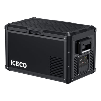 A black portable refrigerator from ICECO Wholesale features a rugged construction with a digital control panel on the side. It showcases a sturdy, boxy structure, reinforced corners, and a textured lid, all powered by an efficient Secop compressor.