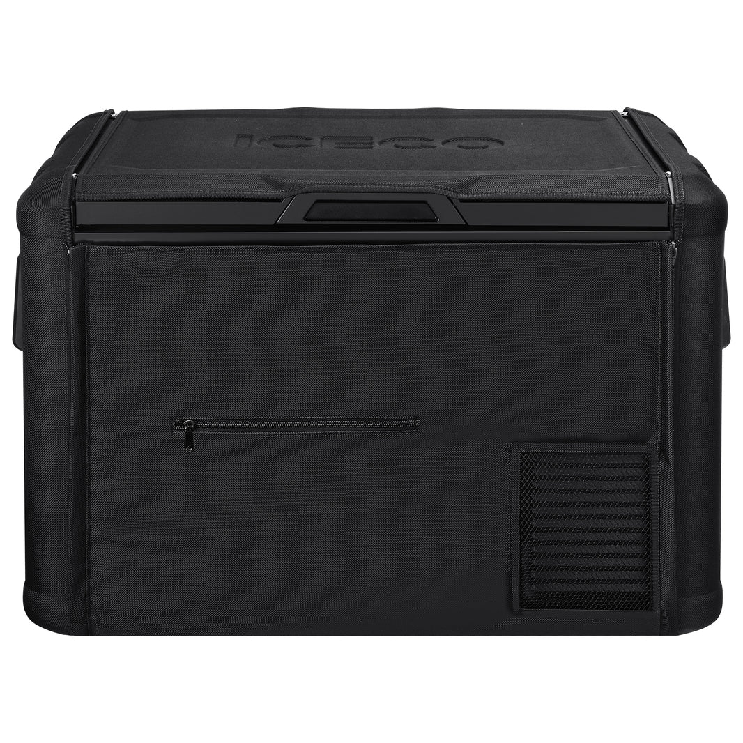 The black portable refrigerator, similar to the ICECO Wholesale VL45 Pro model, comes with a zippered pocket and a bottom vent. It boasts a sleek and minimalistic design, highlighted by a handle on top. With excellent thermal insulation performance, it's ideal for chilling on the go.