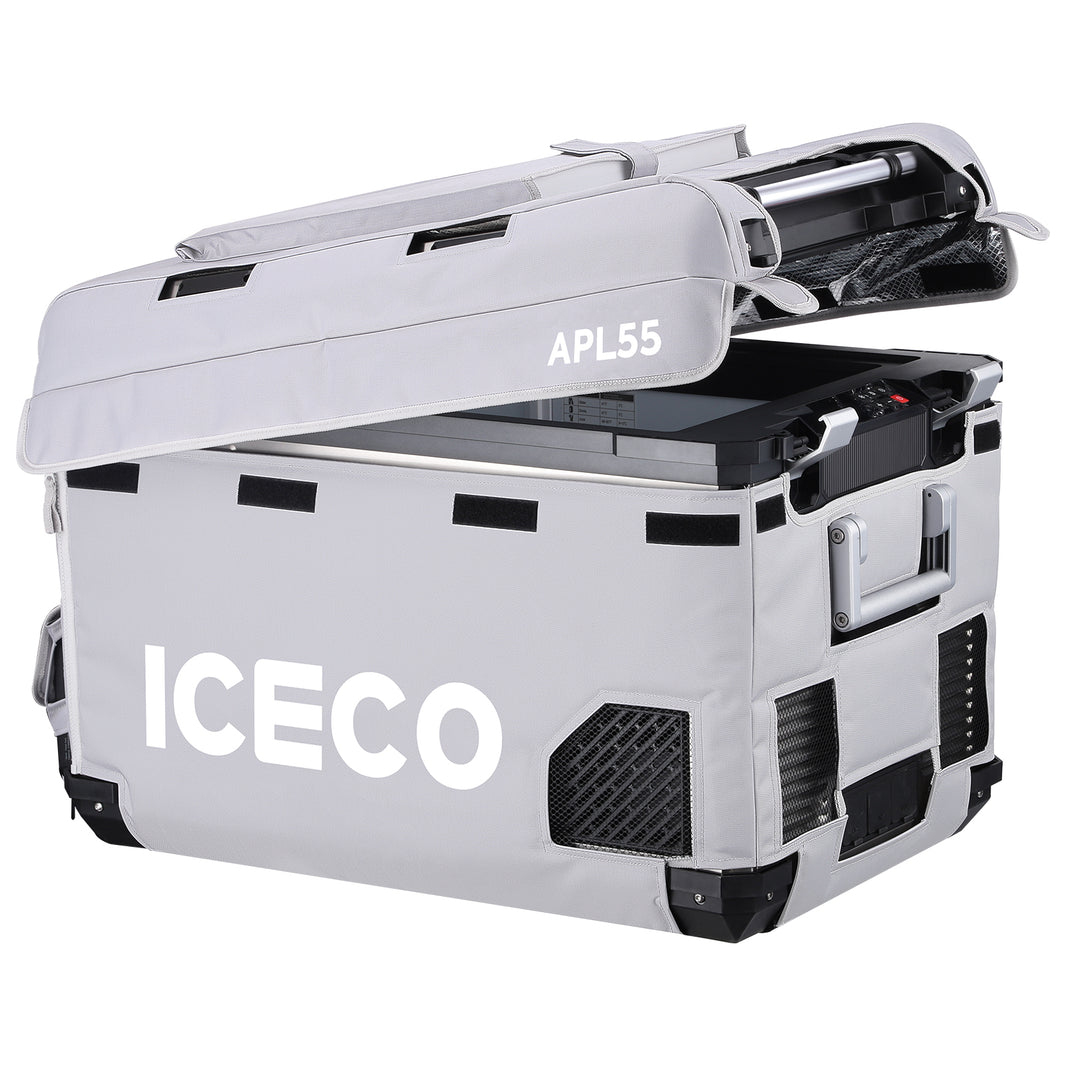 The ICECO Wholesale APL55 Portable Refrigerator in gray has an open lid with black interiors, side carrying handles, and ventilation slots. Its waterproof material and insulated cover keep items cold or frozen during travel.