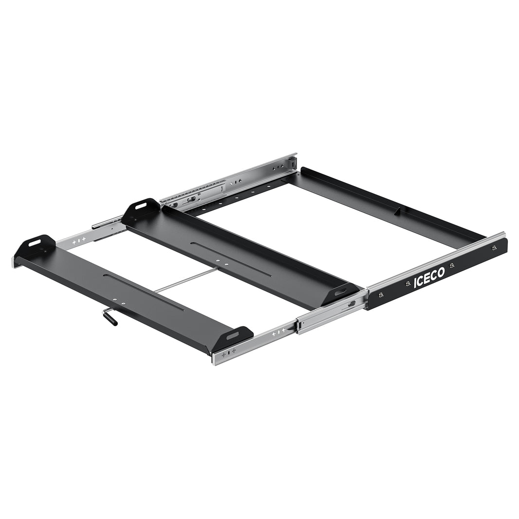 The ICECO Wholesale black and silver slide mount is designed for vehicles with a rectangular frame, side pull mounting, rails, and secure attachment points. Its sturdy design is compatible with ICECO portable refrigerators or similar equipment.