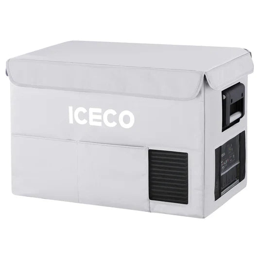 The ICECO Wholesale VL45 Pro gray portable refrigerator, with superior thermal insulation, has the brand name on the front. Featuring a convenient portable freezer cover and side vent, it's ideal for efficient cooling and storage on the go.