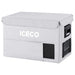 The ICECO Wholesale VL45 Pro, a light gray portable refrigerator with "ICECO" on its side, features side ventilation and a right-side digital control panel. This compact unit resembles a portable freezer cover, ideal for those needing thermal insulation on the go.