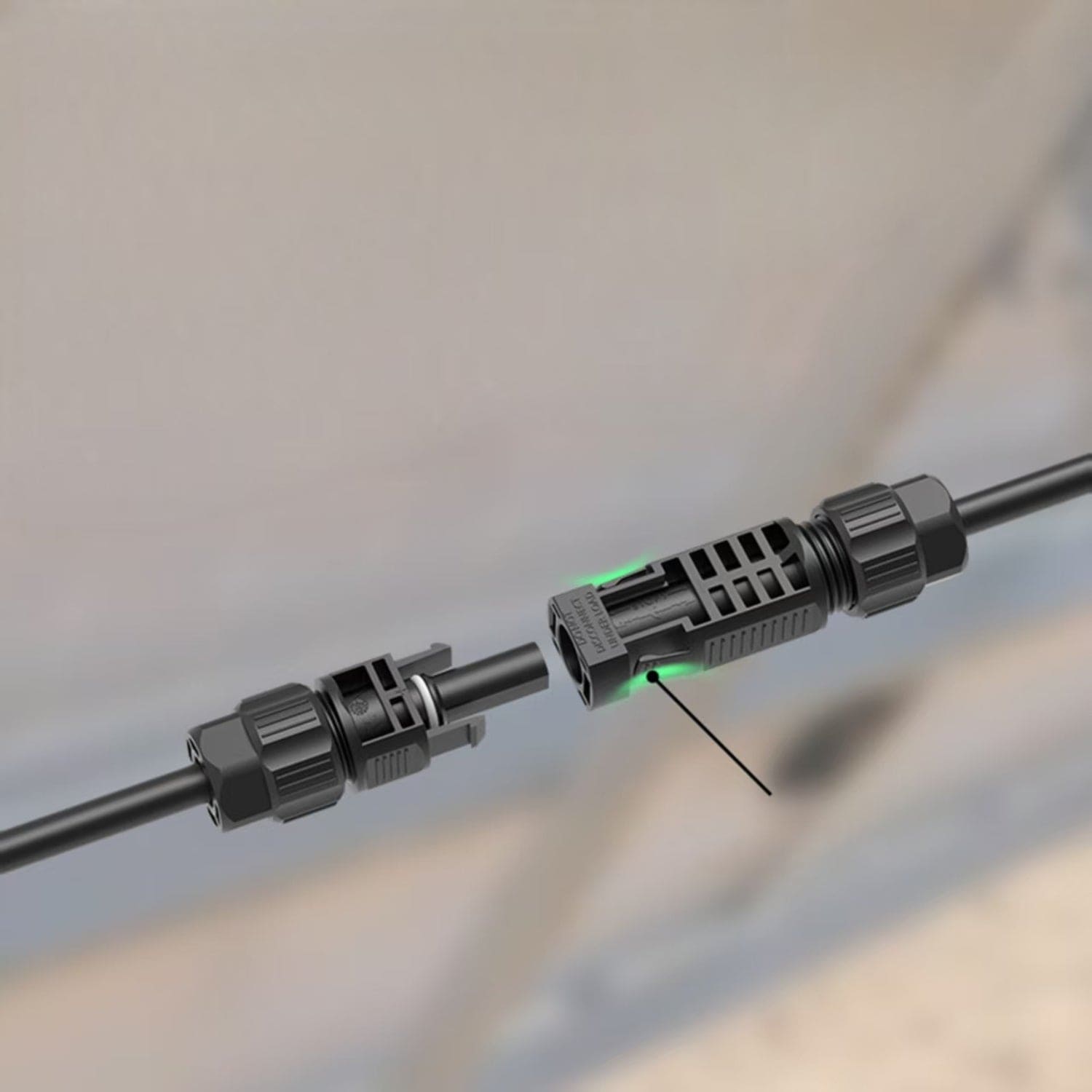 A close-up of two black Nature's Generator MC4 extension cables joined by a cylindrical connector, with an arrow showing assembly direction. The background is blurred.