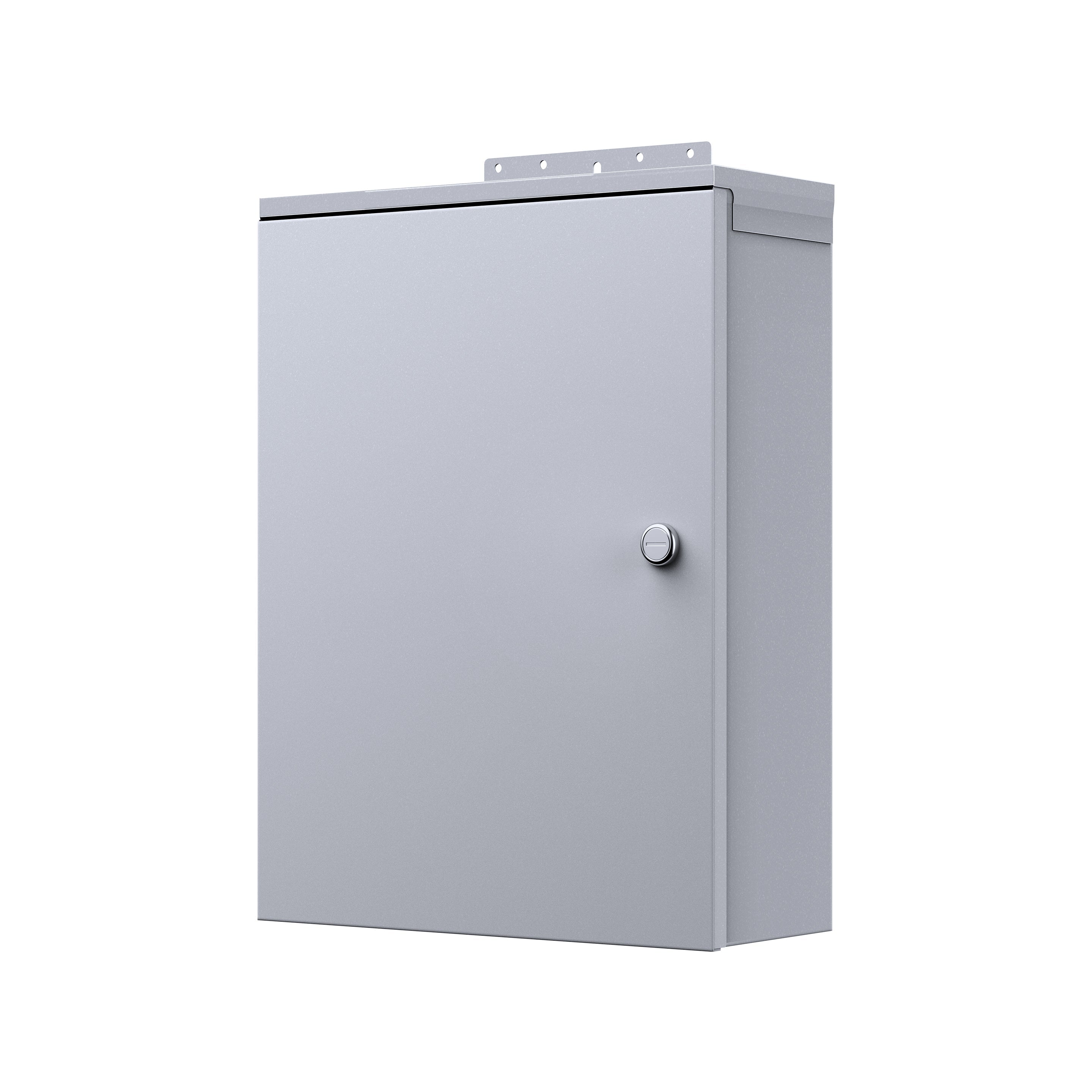 A plain, rectangular gray metal cabinet by Bluetti with a single door and a round knob, mounted against a white background. There is a mounting bracket on top.