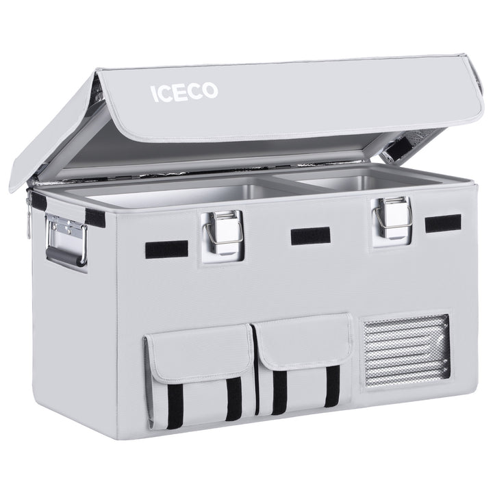 The ICECO Wholesale APL35 Portable Refrigerator in gray has an open lid displaying two spacious compartments. It includes thermal protection with an insulated cover, two front pockets, a side mesh pocket, and sturdy silver handles for easy carrying.