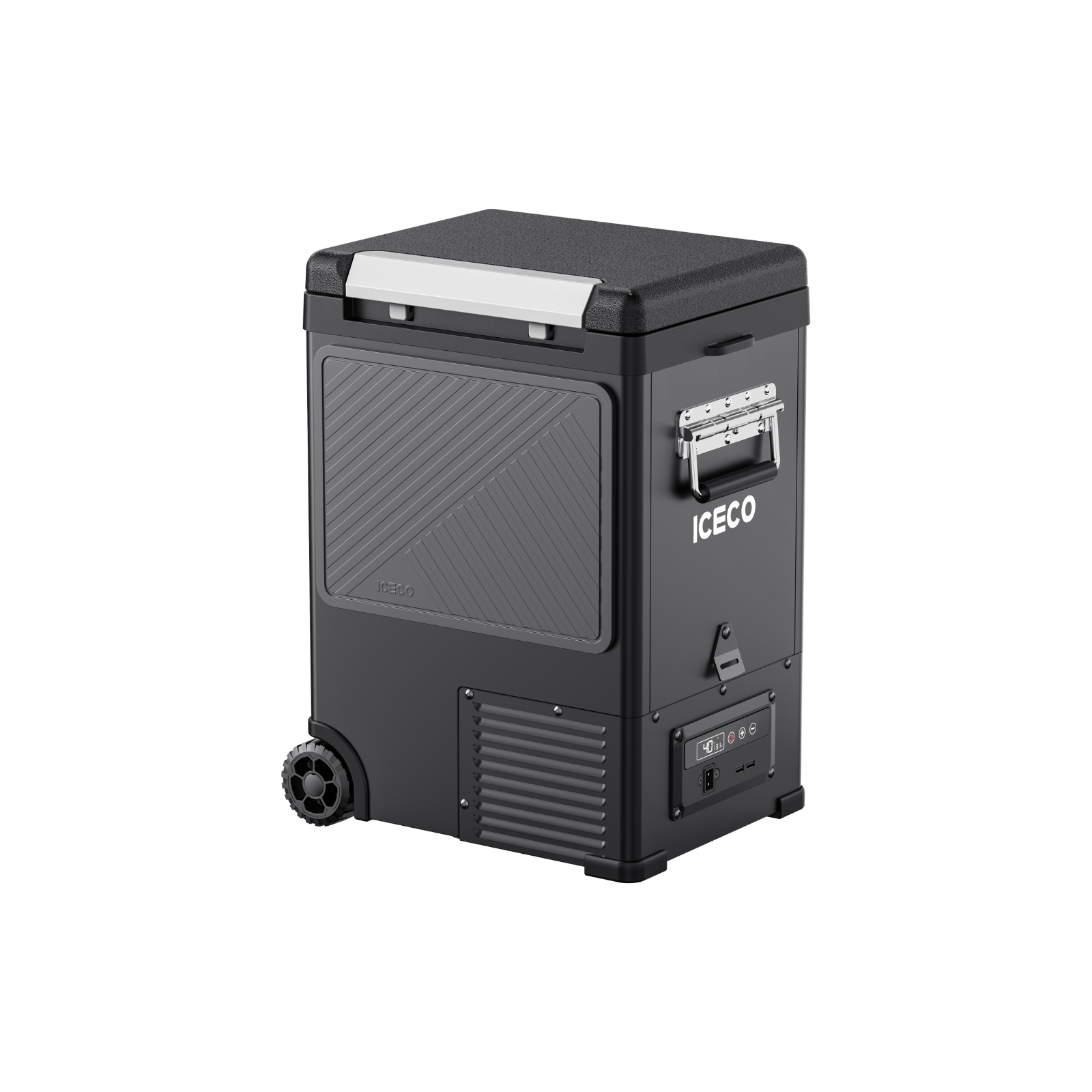 A black, rectangular 12V portable freezer with a textured lid, side handle, control panel, and small wheels from ICECO Wholesale is shown on a white background—ideal as a pickup truck freezer for mobile cooling.