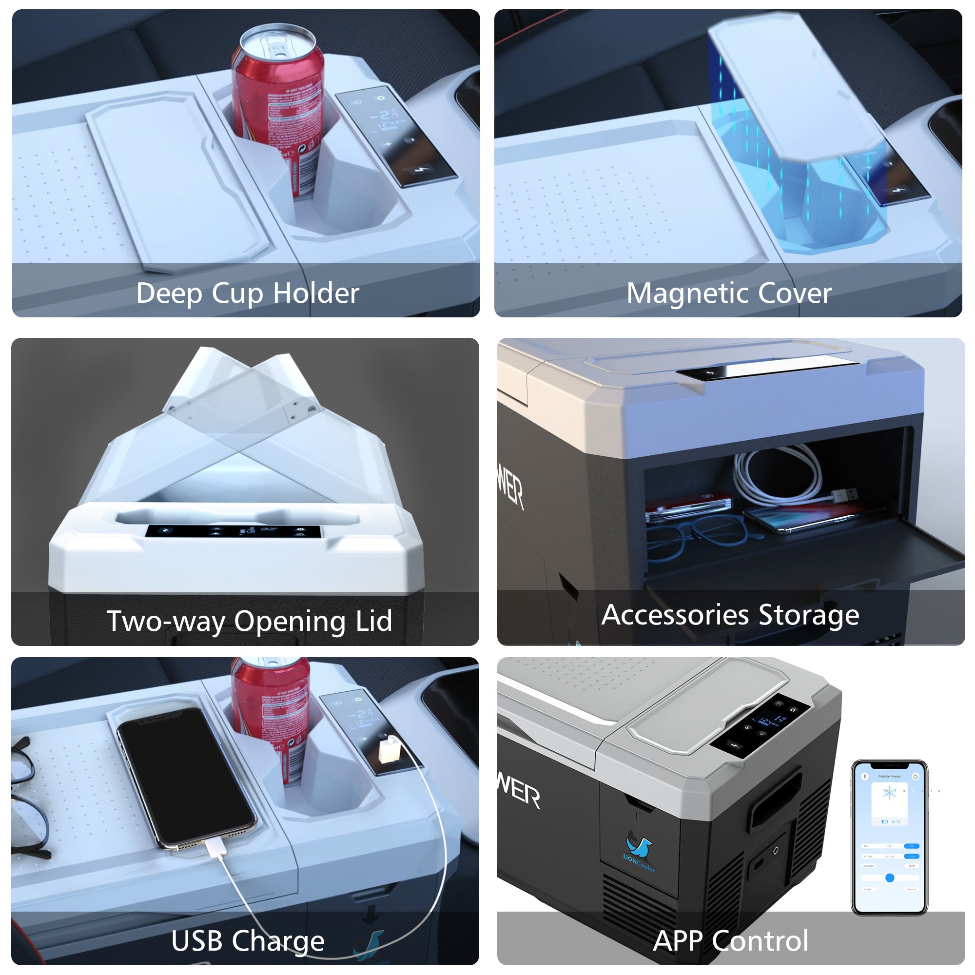 A collage of six images features the ACOPOWER multifunctional portable refrigerator, highlighting its deep cup holder, magnetic cover, two-way opening lid, accessories storage, USB charging port, and smart app control with a user-friendly smartphone interface for seamless operation.