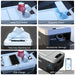 A collage of six images features the ACOPOWER multifunctional portable refrigerator, highlighting its deep cup holder, magnetic cover, two-way opening lid, accessories storage, USB charging port, and smart app control with a user-friendly smartphone interface for seamless operation.