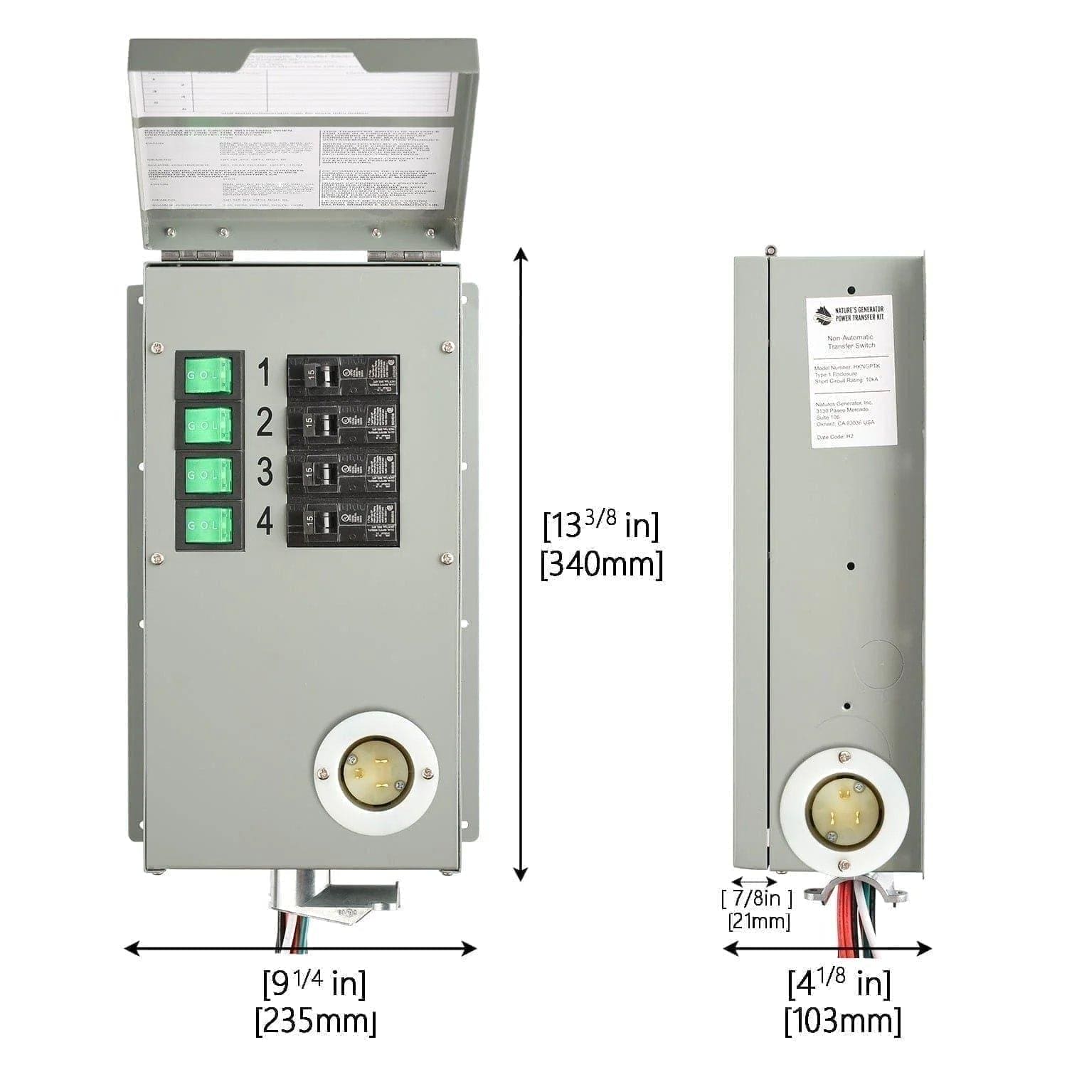 Front and side views of Nature's Generator gray 120V electrical panel with 4 circuits, numbered switches, outlet, and dimensions: 13 3/8 in (340 mm) H × 9 1/4 in (235 mm) W × 4 1/8 in (103 mm) D—ideal Transfer Switch Kit.