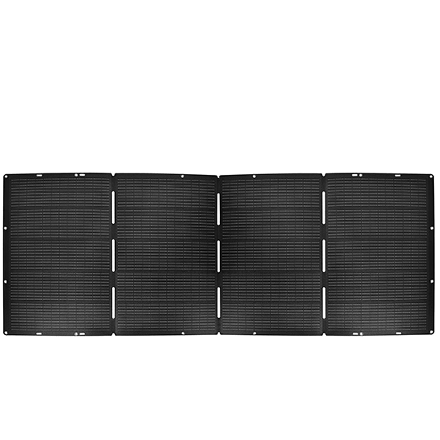 The Nature's Generator rectangular 400W folding solar panel has four connected black sections with a grid pattern. This portable panel is displayed flat on a white background.