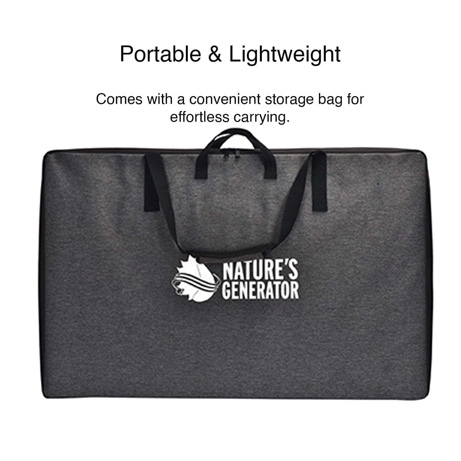 A spacious black rectangular storage bag by Nature's Generator, featuring handles and the brand name on the front. "Portable & Lightweight"—ideal for carrying your 400W folding solar panel wherever you need power.