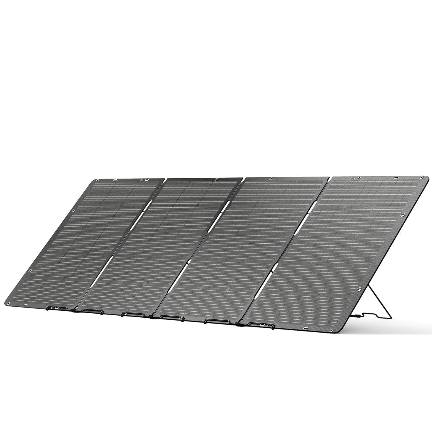 A foldable, four-panel solar charger by Nature's Generator stands at an angle on metal supports with a textured dark surface—ideal for pairing with a 10kW Solar Generator for efficient whole home backup.