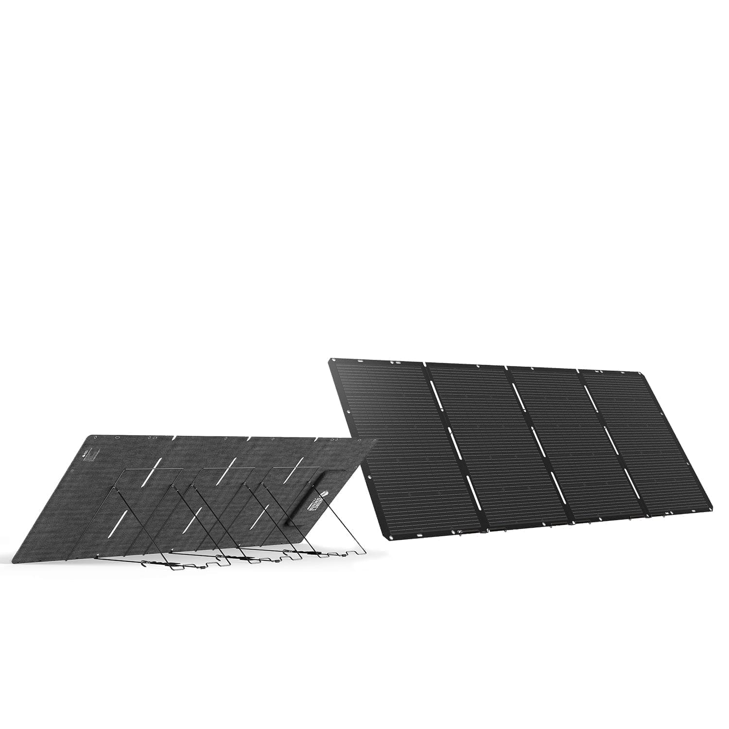 Two Nature's Generator foldable solar panel units are set up at an angle on metal stands, their black rectangular surfaces highlighted—perfect for use with a 10kWh LiFePO4 solar battery for dependable home backup power.