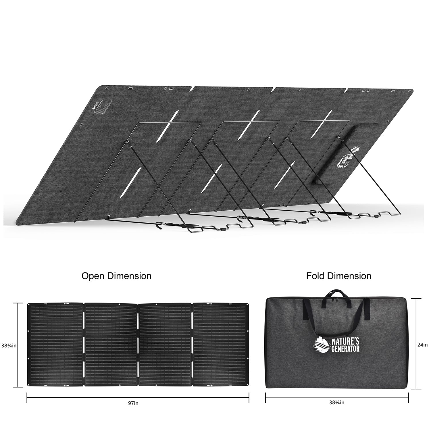 The Nature's Generator foldable solar panel is ideal for home use, featuring four support stands and folding into a handled carrying case. Open size: 97" x 24". Folded: 38.6" x 24". Branding reads "Nature's Generator.