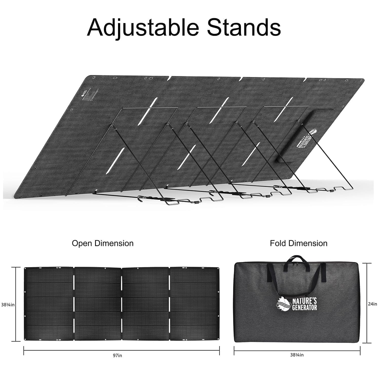 A Nature's Generator solar panel with multiple adjustable stands is shown, ideal for solar generators. It measures 97x36 inches open and folds to 36x24 inches. A branded carrying case with handles is also visible.