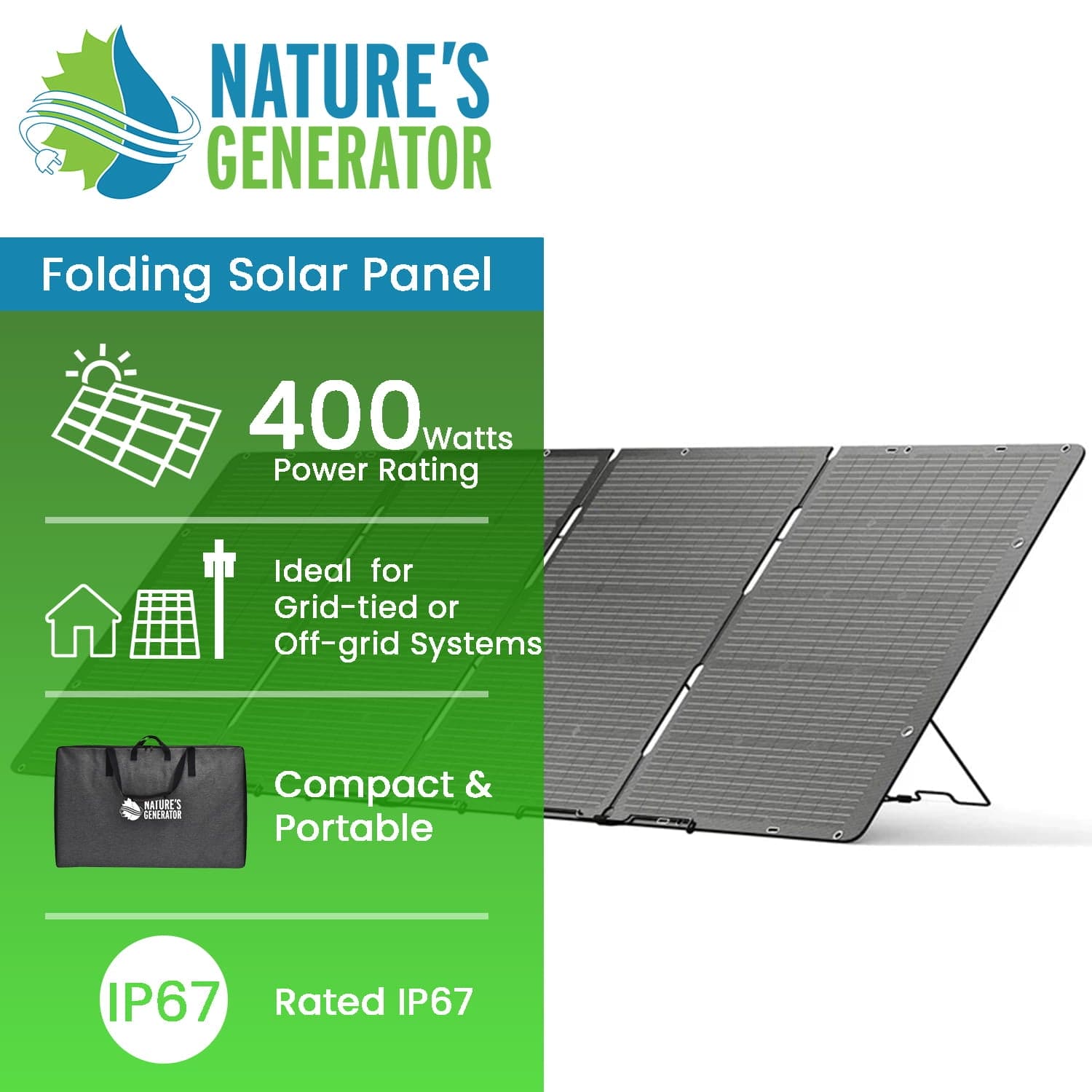 Nature’s Generator 400W folding solar panel—high-efficiency, portable, and IP67 rated. Compact design for grid-tied or off-grid use. Includes panel and carrying case.
