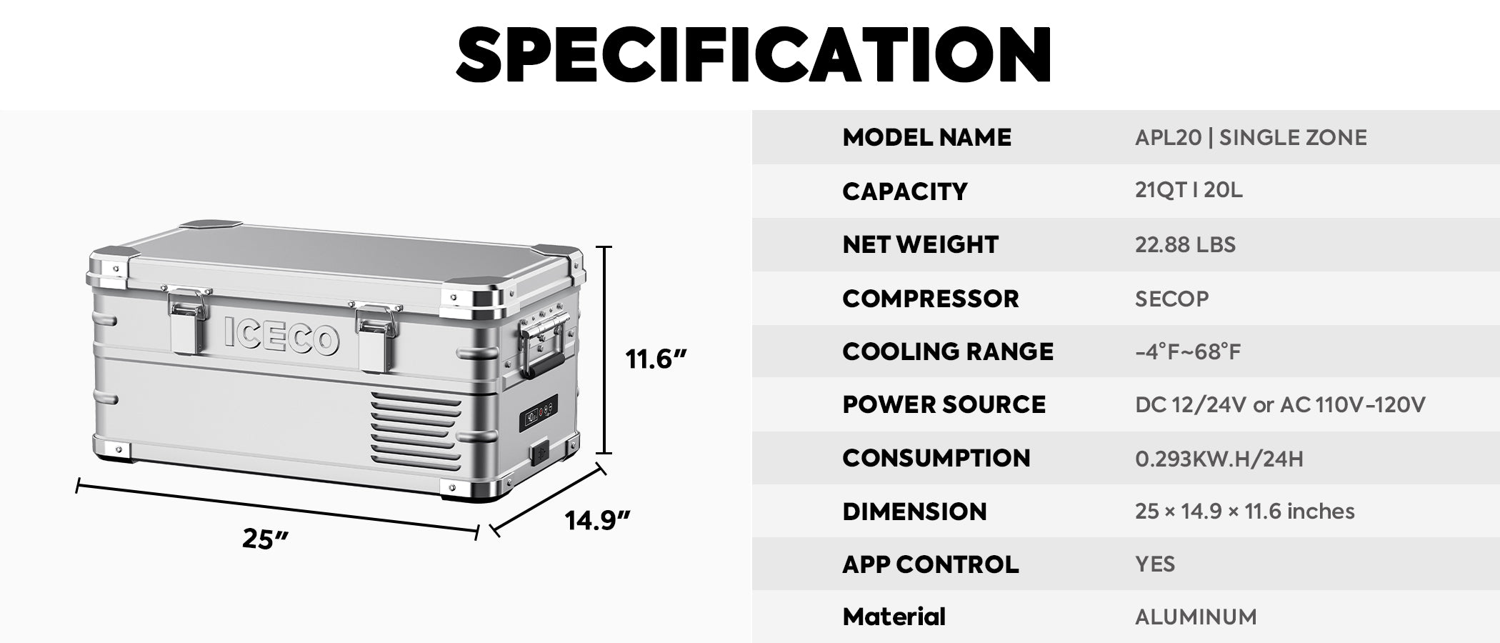 Image of ICECO Wholesale's portable cooler, model APL20: 21QT capacity, weighs 22.88 lbs, uses a SECOP compressor, cools from -4°F to 68°F, supports DC/AC power, consumes 0.293kWh/24H, constructed with durable aluminum. Dimensions are 25"x14.9"x11.6".