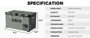 Image of an ICECO Wholesale dual-zone portable fridge, equipped with a 12V refrigerator featuring a SECOP compressor. Specifications include a capacity of 63QT | 60L, weight of 67.3 lbs, cooling range from 0°F to 50°F, dual power capabilities (DC/AC), energy consumption rate of 0.545kWh per 24 hours, and dimensions measuring 31.2 x 19.5 x ___.