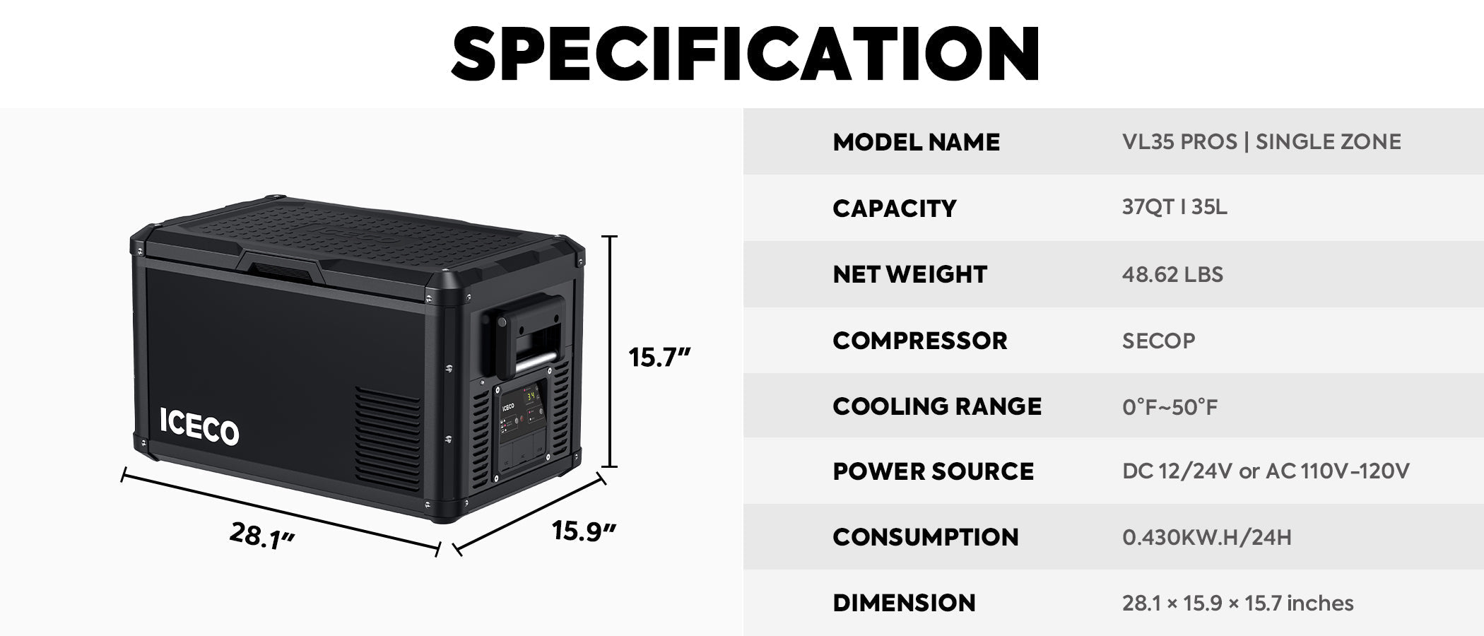 Image of a black ICECO Wholesale portable fridge featuring rugged construction. Model: VL35 ProS Single Zone with a capacity of 37QT | 35L, and a weight of 48.62 lbs. Equipped with a SECOP compressor, this fridge cools from 0°F to 50°F and can be powered by either DC or AC sources with an energy consumption of 0.430kWh/24h. Dimensions are 28.1".