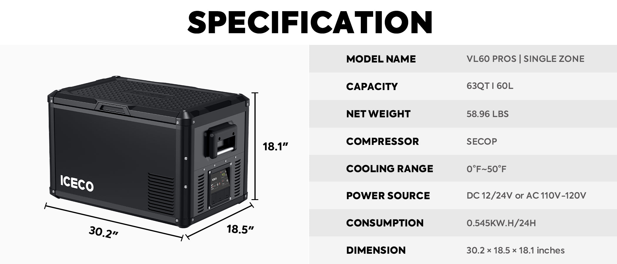 The image features ICECO Wholesale's VL60 ProS portable fridge freezer, equipped with a durable Secop Compressor. It includes a 12-volt power option, boasts a generous 60-liter capacity, weighs 58.96 pounds, and can maintain temperatures ranging from 0°F to 50°F. Its dimensions are 30.2 inches by 18.5 inches by 18.1 inches.