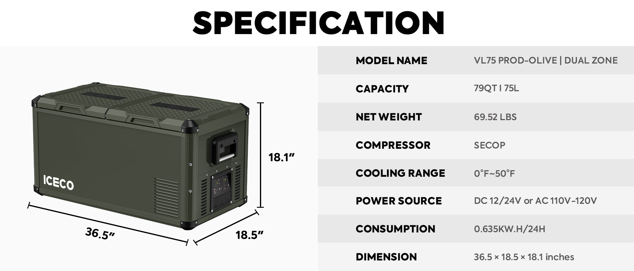 This image features the robustly built ICECO Wholesale green portable cooler, equipped with a Secop compressor to function as a 12v refrigerator. Modeled as the VL75 PROD-OLIVE, it offers a 75L capacity, weighs 69.52 lbs, and measures 36.5 x 18.5 x 18.1 inches for maximum convenience.