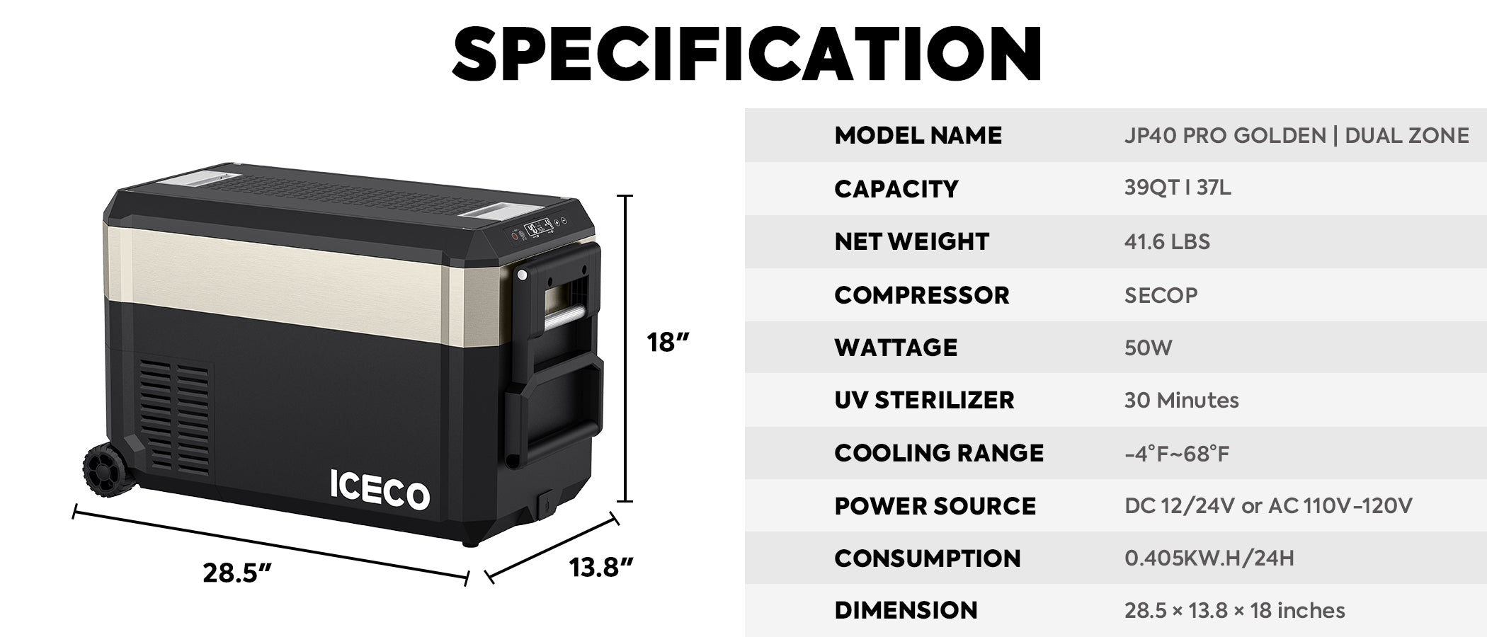 Image of the ICECO Wholesale JP40 Pro Golden Dual Zone cooler featuring dual zone cooling, 39QT capacity, 50W power, SECOP compressor, UV sterilizer. Dimensions: 28.5"L x 13.8"W x 18"H; weighs 41.6 lbs; cooling range from 4°F to 68°F.