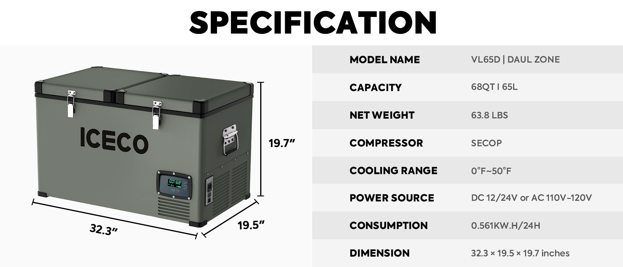 The ICECO Wholesale dual-zone portable fridge freezer showcases a green exterior and a durable Secop compressor, efficiently cooling temperatures between 0°F and 50°F. It offers a generous capacity of 68QT and weighs 63.8 lbs, with dimensions of 32.3 x 19.5 x 19.7 inches, making it ideal for your travel requirements.