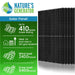 A Nature’s Generator promo showcases four black Monocrystalline Solar Panels with Mono PERC Tech, up to 410W power, grid-tied/off-grid use, and wind/snow load resistance of 2400/5400 Pascals.
