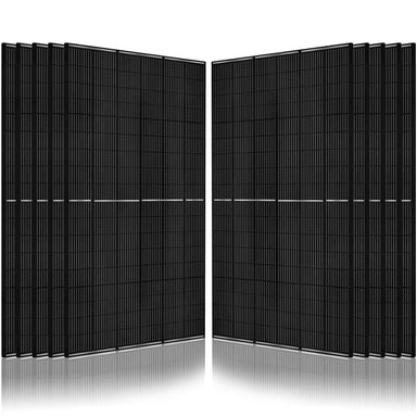 Eight black Nature's Generator monocrystalline solar panels with Mono PERC Technology are arranged in two groups facing each other, separated by a narrow gap, and displayed on a white reflective surface.