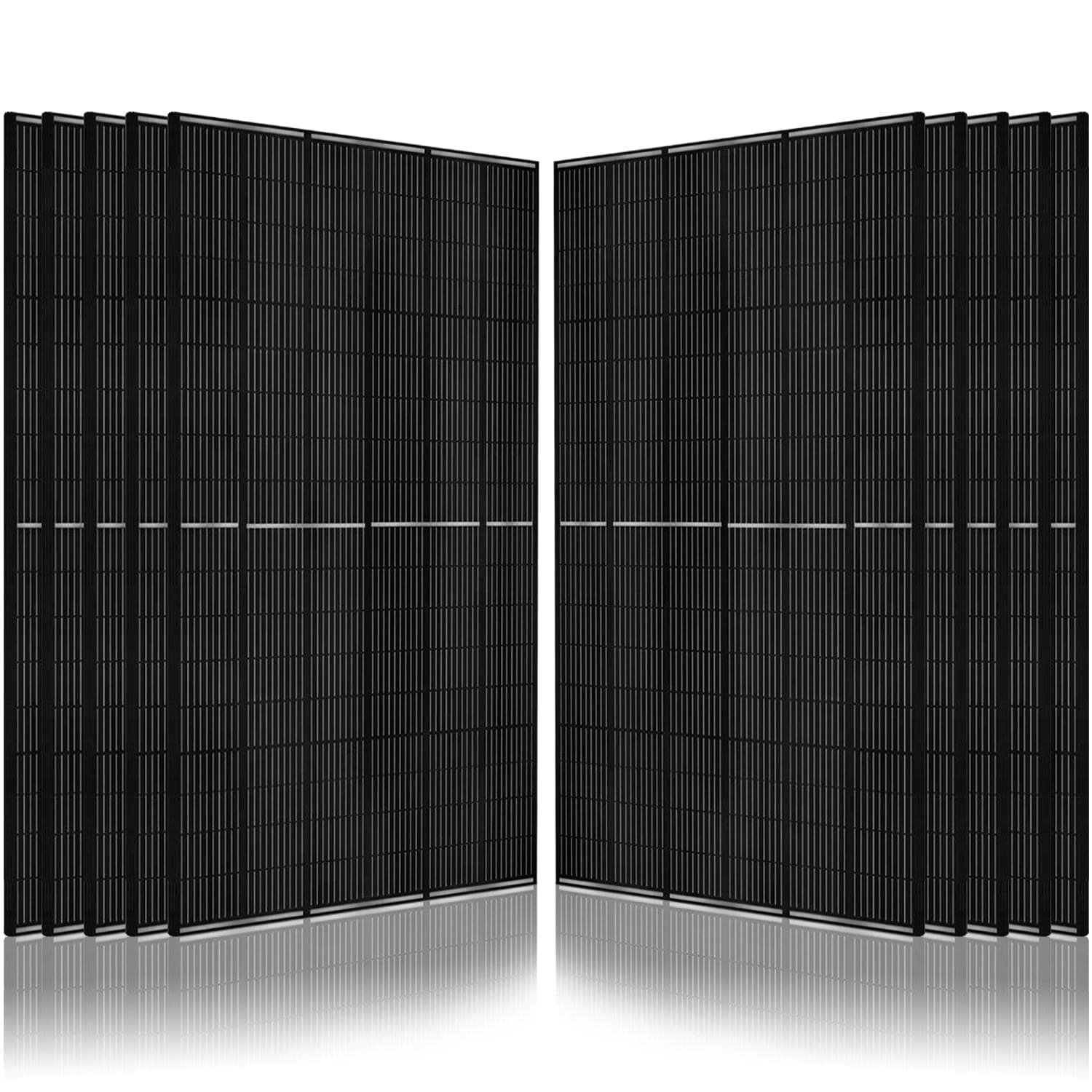 Eight black Nature's Generator solar panels are lined up upright, four on each side and angled outward, creating a sleek 10kW Solar Generator setup. A white background and reflective surface enhance the clean, modern appearance.