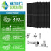 Promotional graphic for Nature's Generator Monocrystalline Solar Panel shows four black panels, up to 410W output, grid-tied/off-grid compatibility, 2400 Pa wind load, and 5400 Pa snow load. Brand: Nature's Generator.